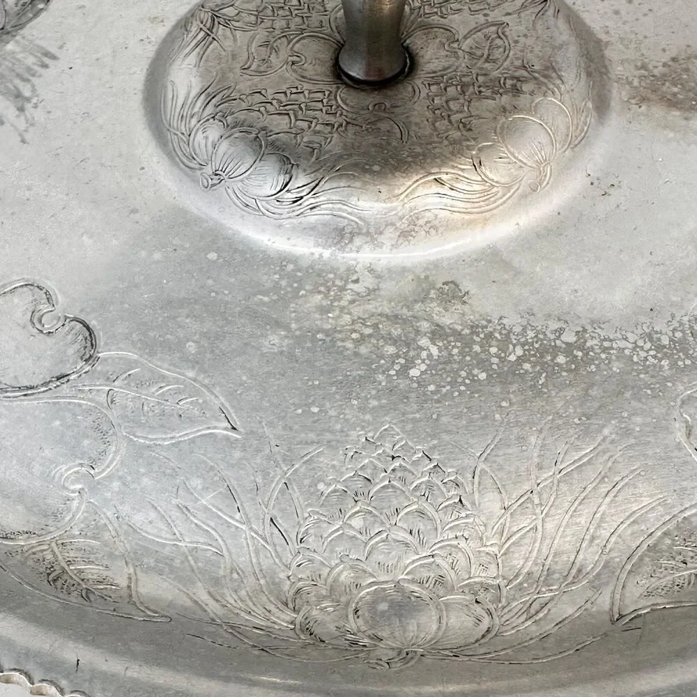 Vintage 2 Tier Hammered Aluminum Serving Tray Mid Century Dogwood Dessert Stand